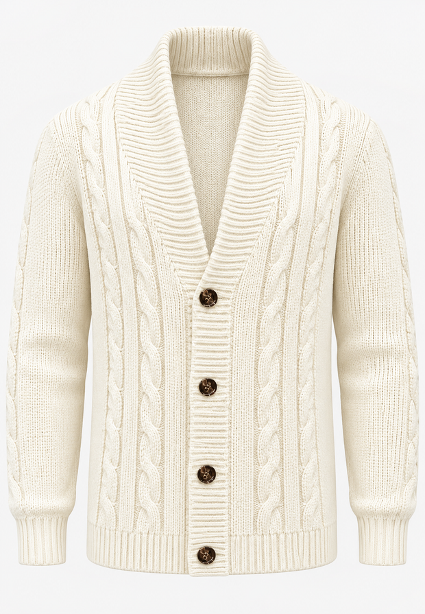Herren-Strickjacke mit Zopfmuster, Schalkragen und Knöpfen – Gauthier