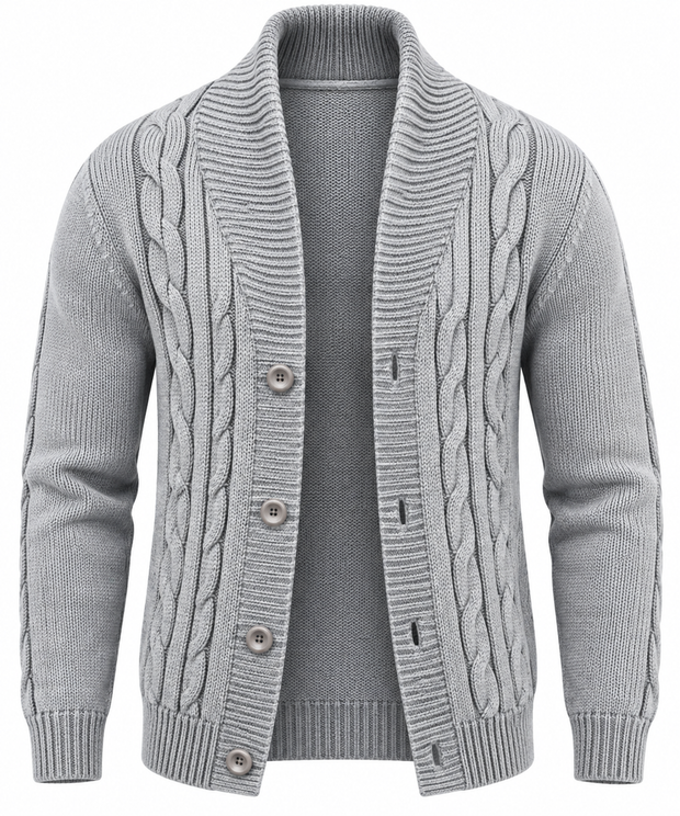 Herren-Strickjacke mit Zopfmuster, Schalkragen und Knöpfen – Gauthier