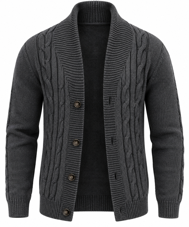 Herren-Strickjacke mit Zopfmuster, Schalkragen und Knöpfen – Gauthier