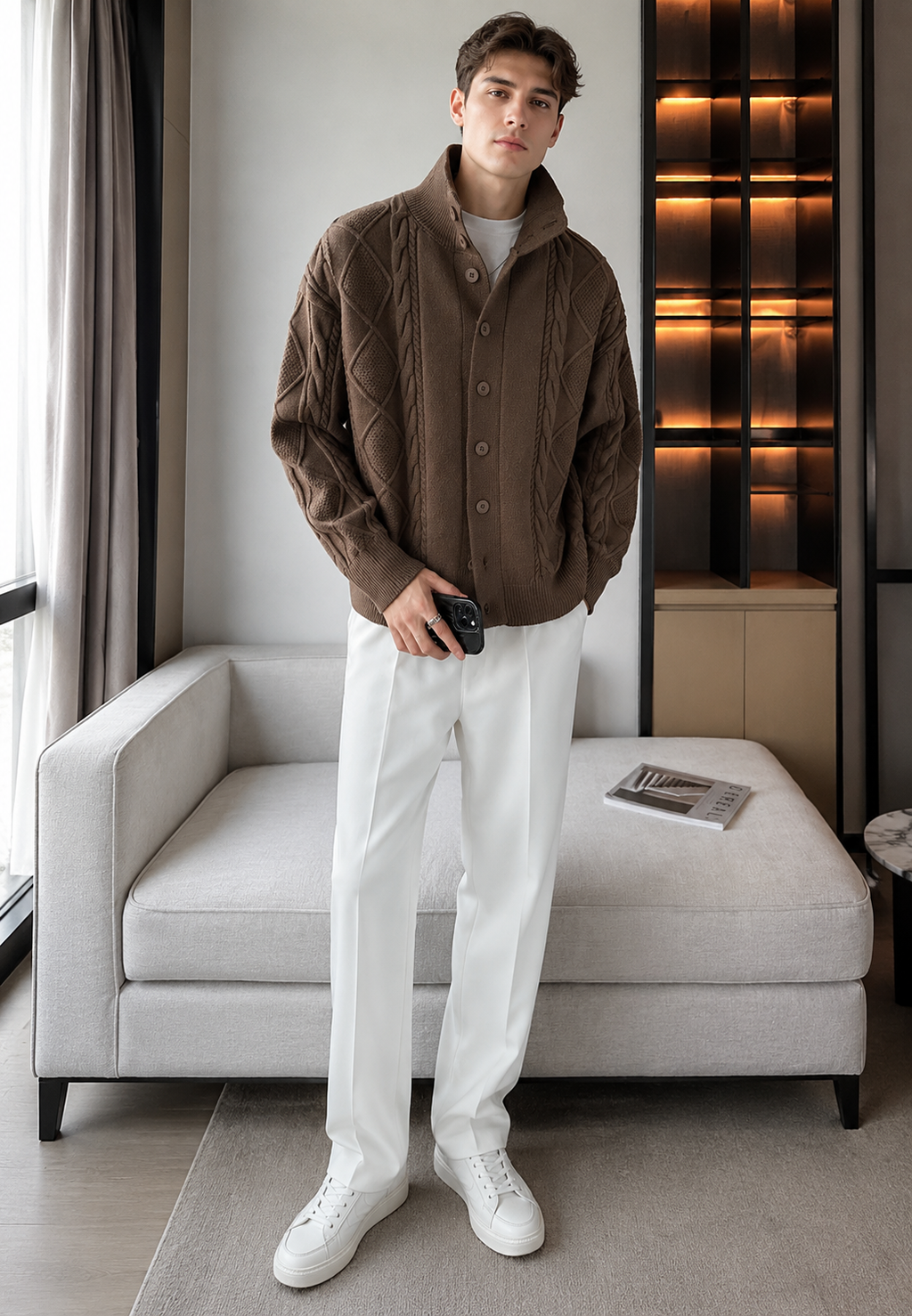 Strickcardigan mit Zopfmuster und Stehkragen mit Knöpfen – Adrián