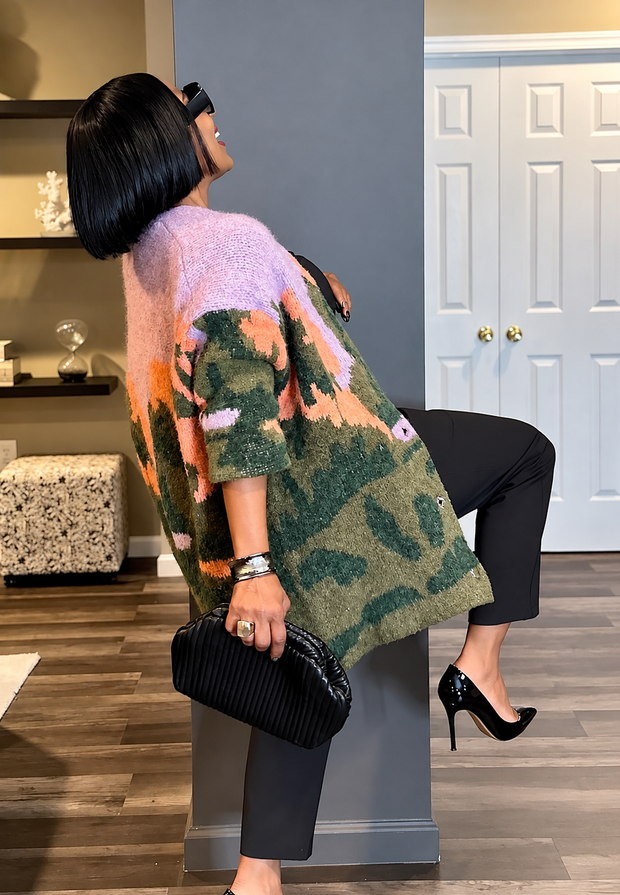 Cardigan long femme en maille chinée à imprimé abstrait - Marzena