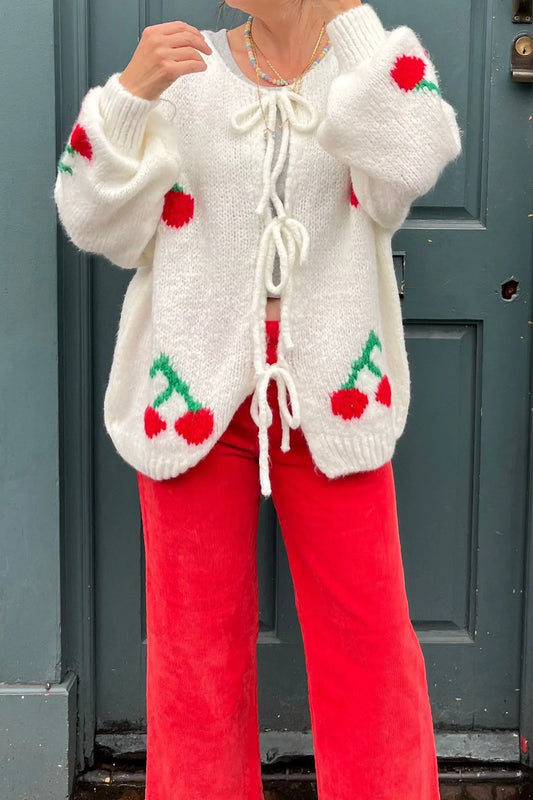 Mohair-Strickjacke mit Schlingenmuster vorne und Kirschmotiv – Fenja