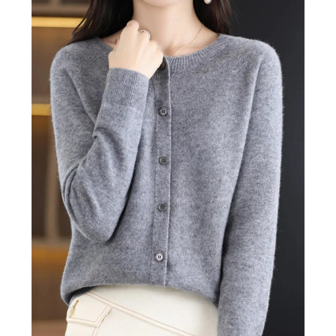 Damen-Strickjacke mit Rundhalsausschnitt und Knöpfen vorne – Lauffy