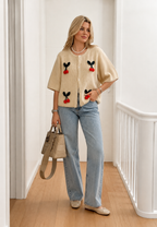 Damen-Strickjacke mit Kirschen-Motiv und kurzen Ärmeln – Culemena