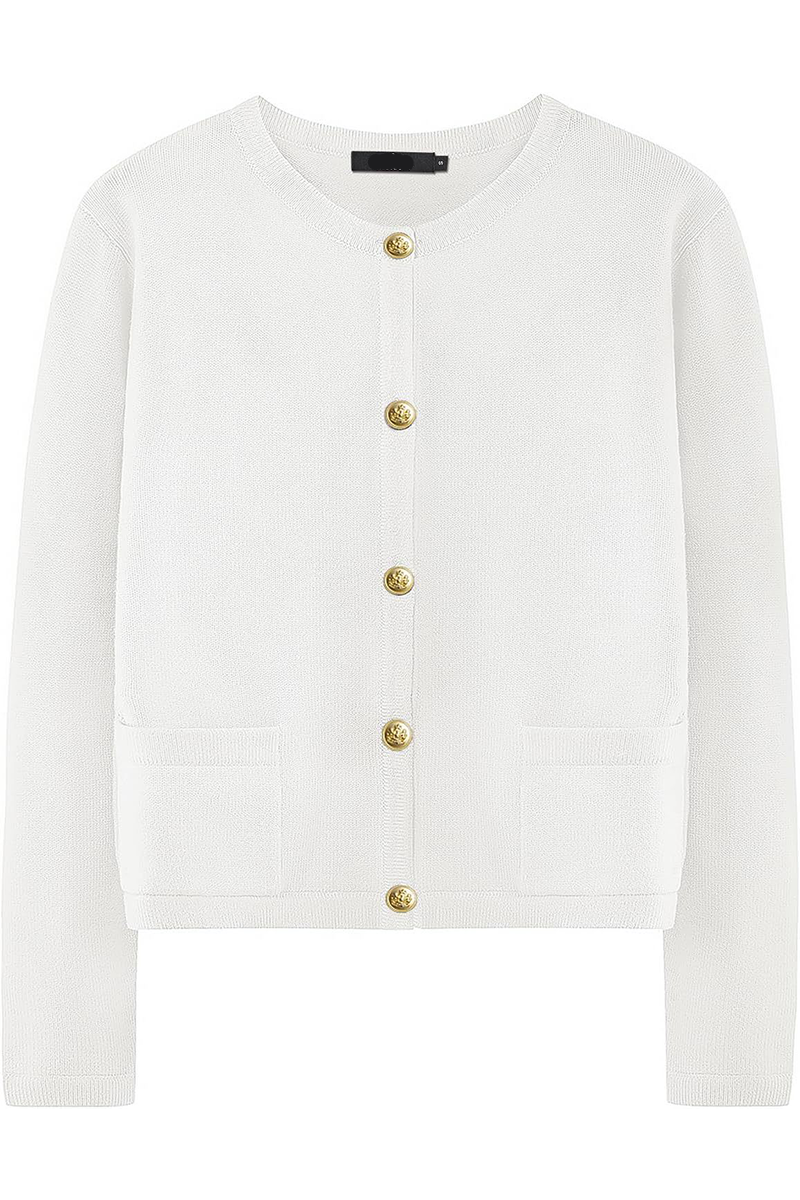 Damen-Strickjacke mit Rundhalsausschnitt, Knöpfen und Taschen – Sorelia