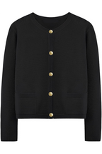 Damen-Strickjacke mit Rundhalsausschnitt, Knöpfen und Taschen – Sorelia