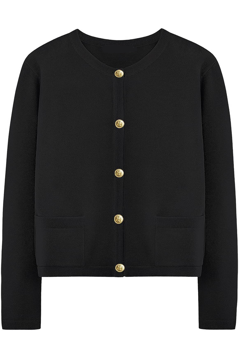Damen-Strickjacke mit Rundhalsausschnitt, Knöpfen und Taschen – Sorelia