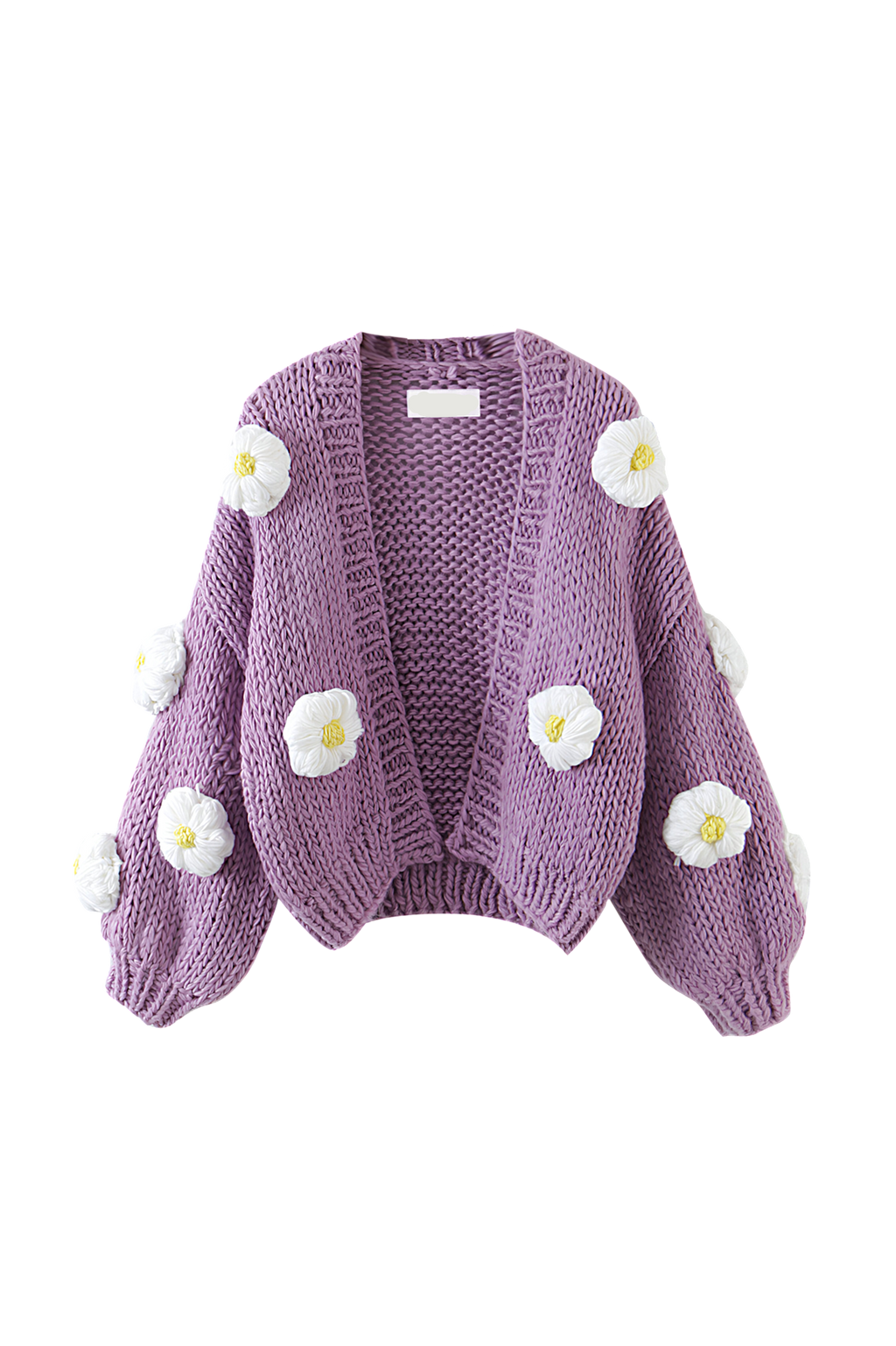 Damen-Strickjacke aus grobem Strick mit Blumenapplikationen und Puffärmeln – Mulinne
