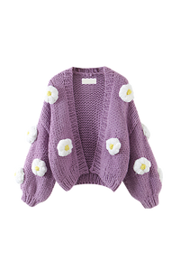 Cardigan femme en maille épaisse avec motifs floraux et manches bouffantes - Mulinne