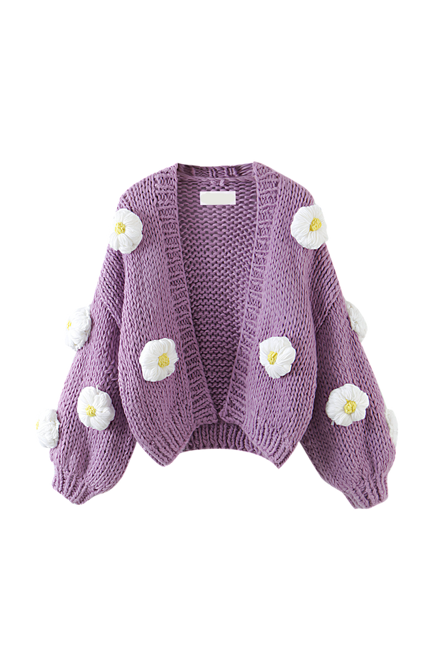 Cardigan femme en maille épaisse avec motifs floraux et manches bouffantes - Mulinne