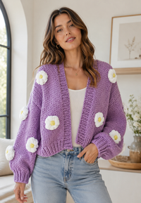 Cardigan femme en maille épaisse avec motifs floraux et manches bouffantes - Mulinne