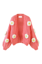 Damen-Strickjacke aus grobem Strick mit Blumenapplikationen und Puffärmeln – Mulinne