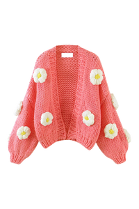 Cardigan femme en maille épaisse avec motifs floraux et manches bouffantes - Mulinne