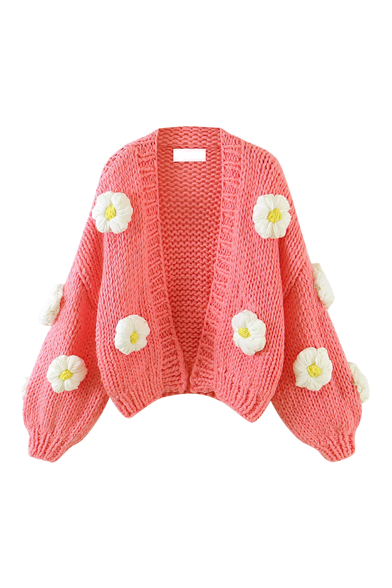 Damen-Strickjacke aus grobem Strick mit Blumenapplikationen und Puffärmeln – Mulinne