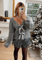 Damen-Strickjacke mit glitzernden Schleifen und V-Ausschnitt – Coronas