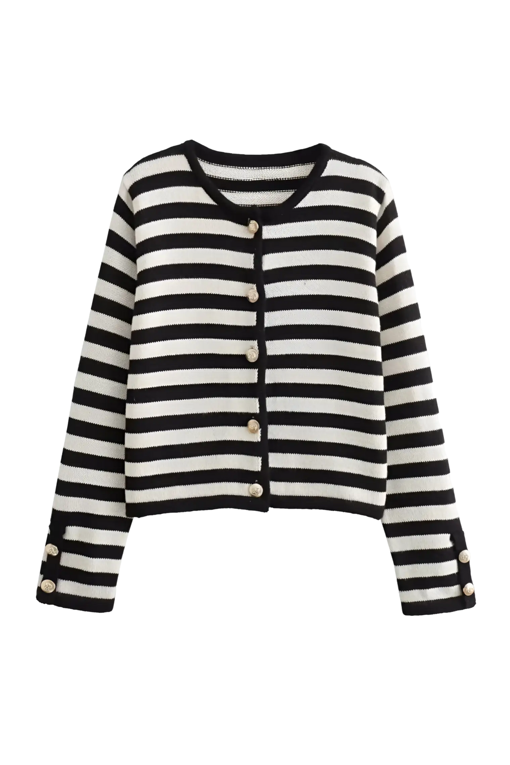 Damen-Strickjacke mit zweifarbigen Streifen, langen Ärmeln und Metallknöpfen – Liora