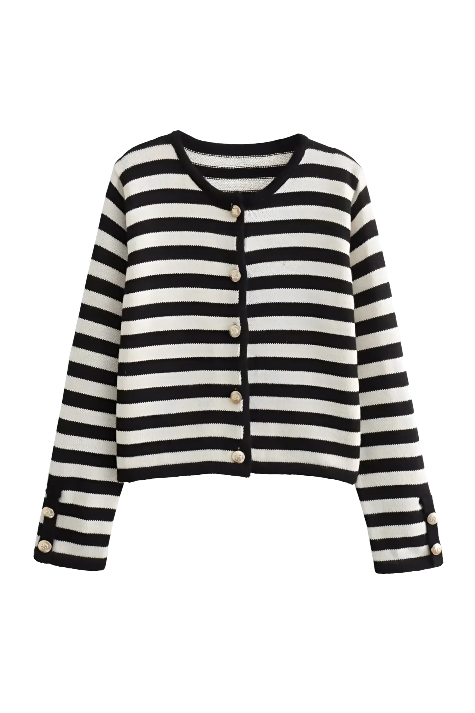 Damen-Strickjacke mit zweifarbigen Streifen, langen Ärmeln und Metallknöpfen – Liora