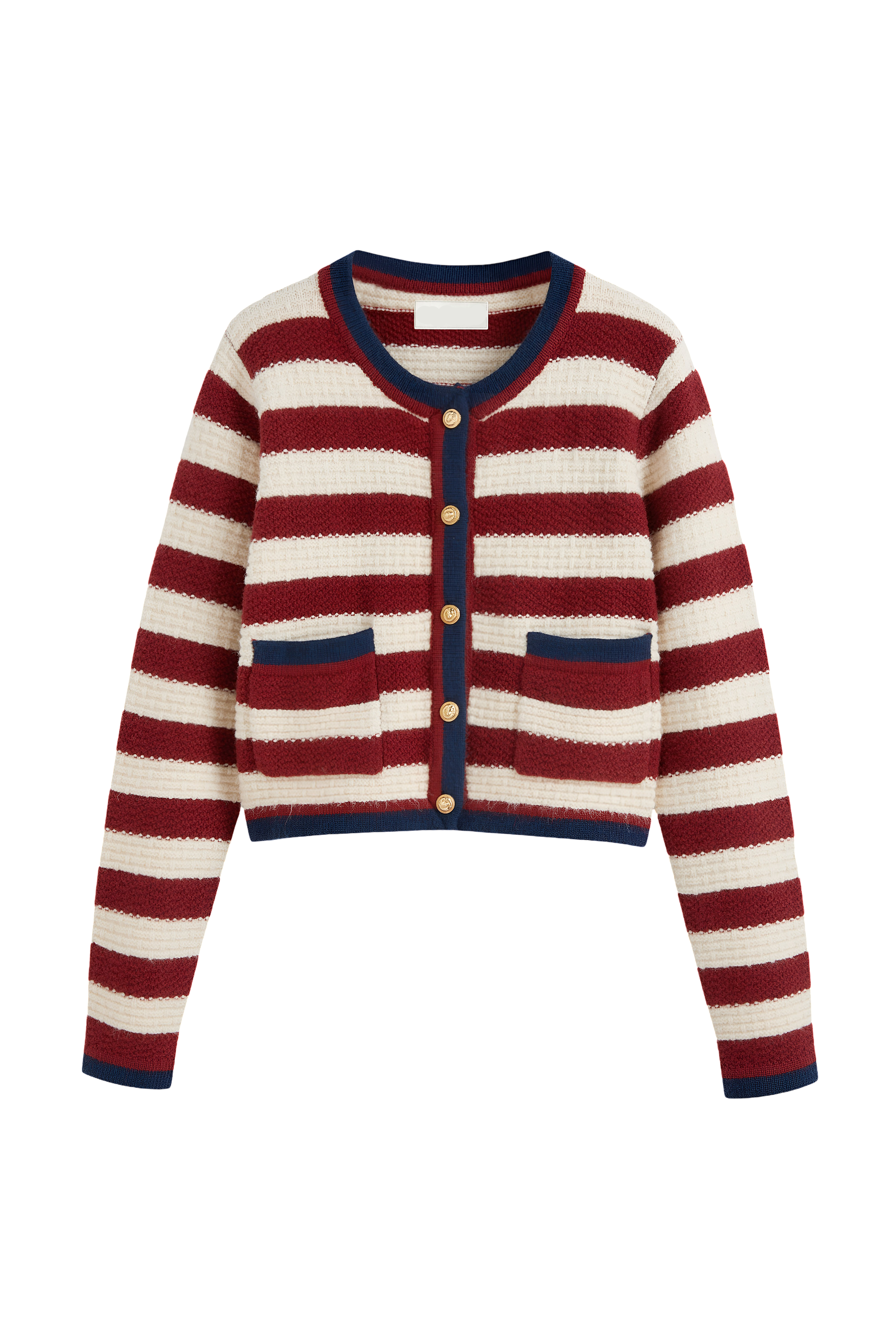 Damen-Strickjacke mit Streifen, Metallknöpfen und kontrastfarbenen Paspeln – Pastinne