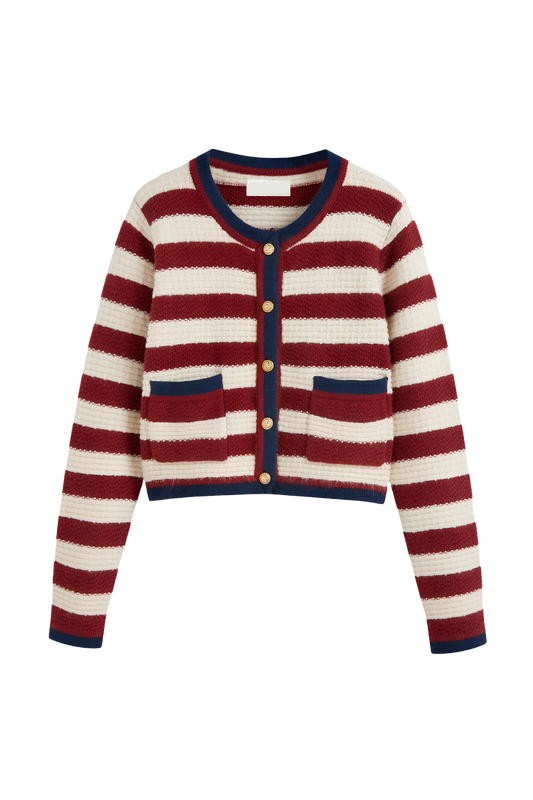 Cardigan femme à rayures, boutons métalliques et bordures contrastées - Pastinne