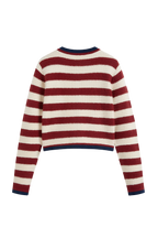 Damen-Strickjacke mit Streifen, Metallknöpfen und kontrastfarbenen Paspeln – Pastinne