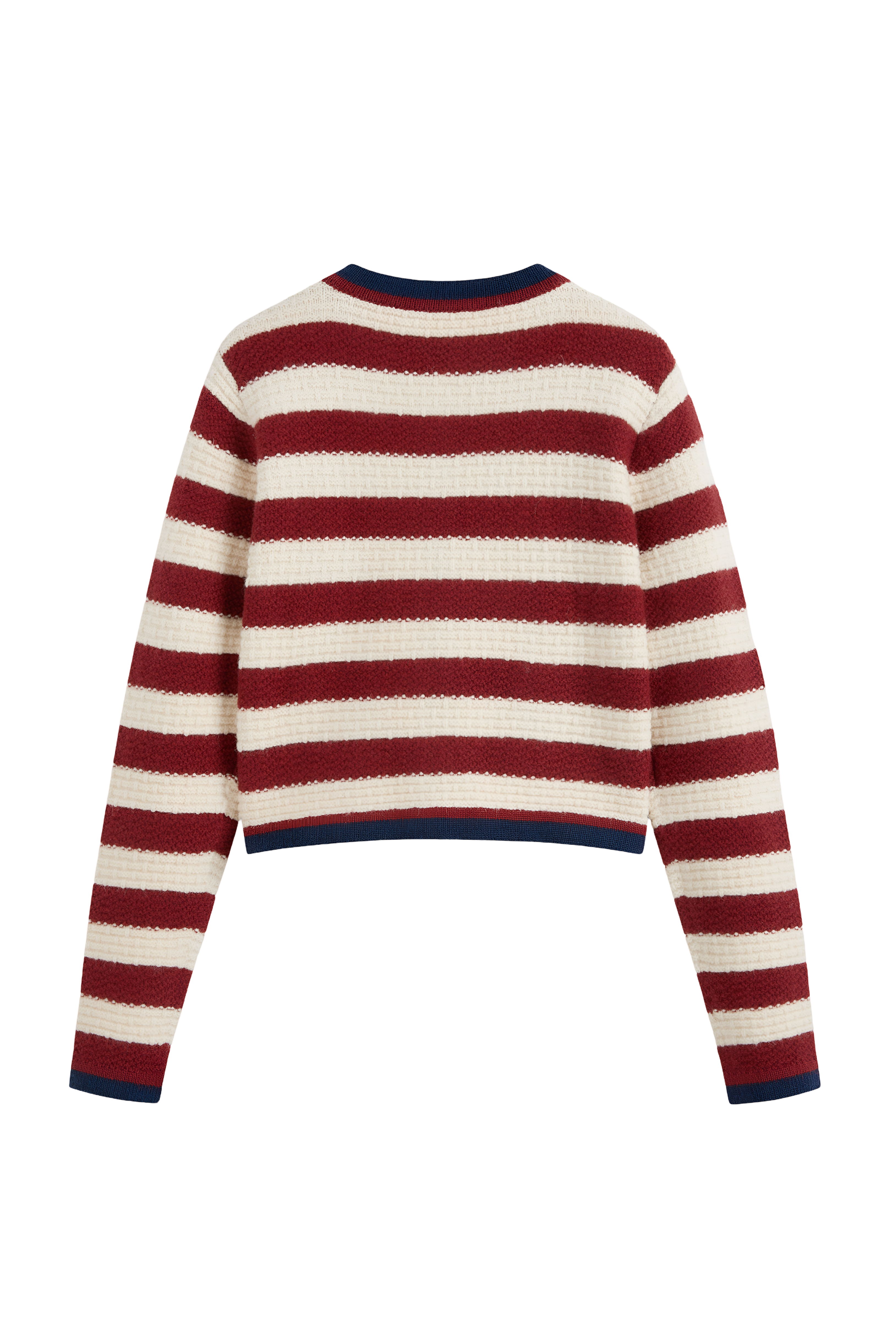 Damen-Strickjacke mit Streifen, Metallknöpfen und kontrastfarbenen Paspeln – Pastinne