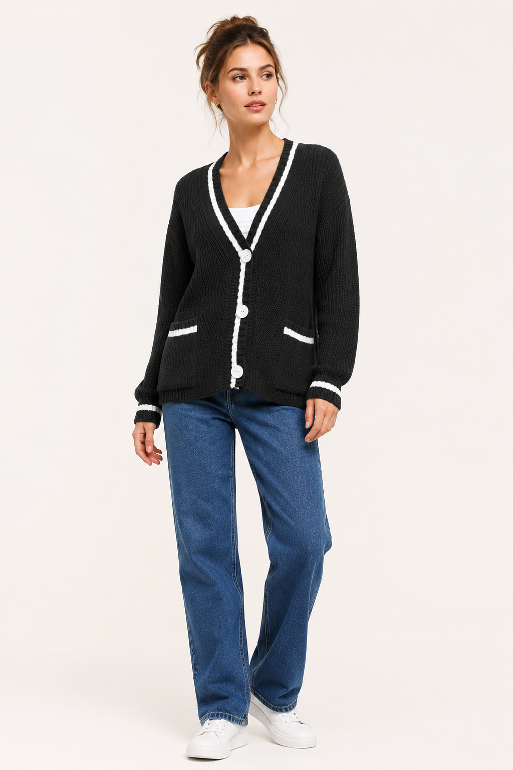 Strickcardigan für Damen mit V-Ausschnitt und Knöpfen – Hallow