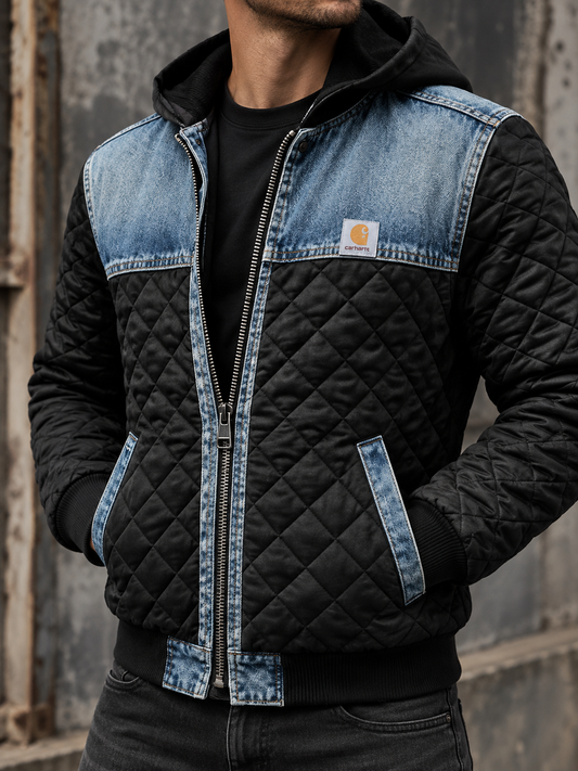 Gesteppte Herrenjacke mit Kapuze und Denim-Einsätzen – Lex