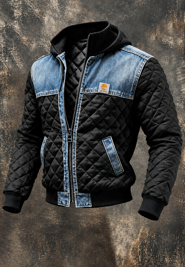 Gesteppte Herrenjacke mit Kapuze und Denim-Einsätzen – Lex