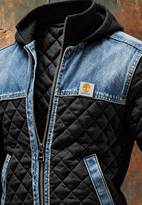 Gesteppte Herrenjacke mit Kapuze und Denim-Einsätzen – Lex