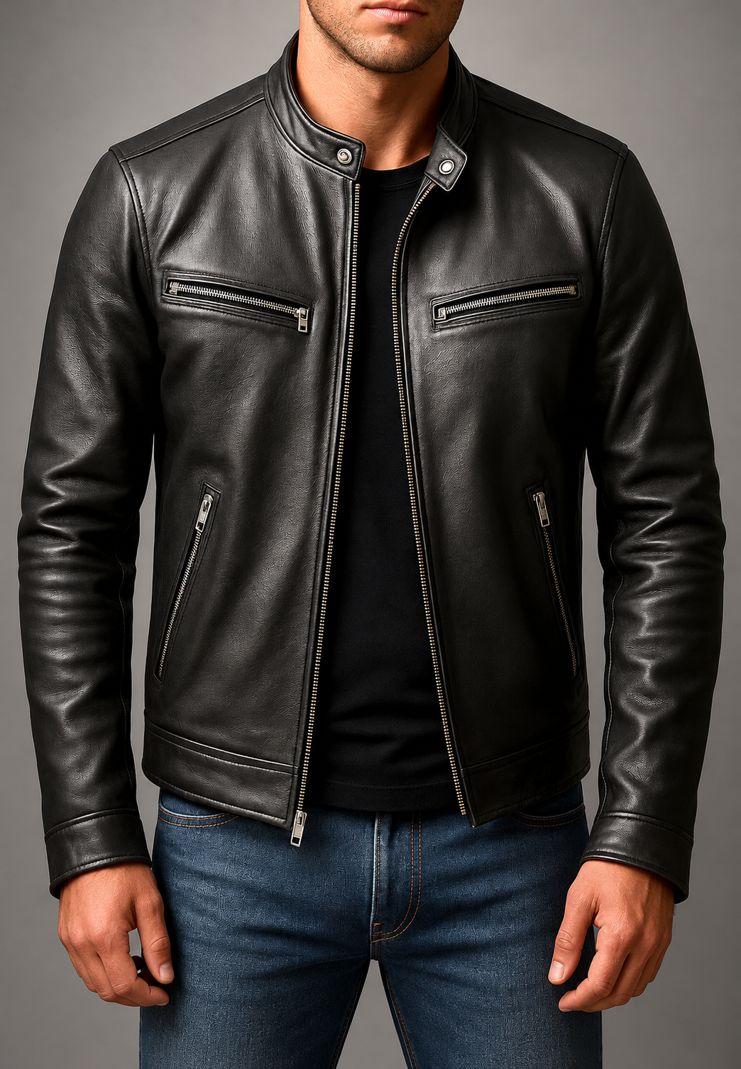 Blouson biker homme effet cuir col officier quatre poches zippées - Kaelor