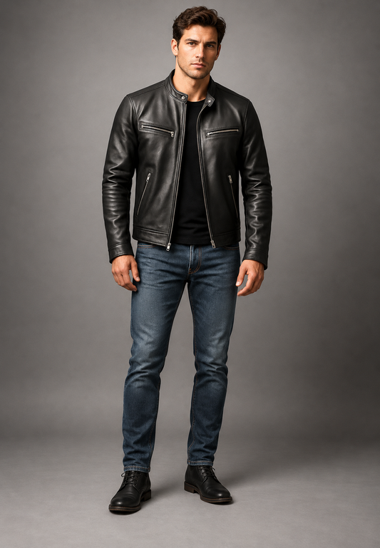 Blouson biker homme effet cuir col officier quatre poches zippées - Kaelor