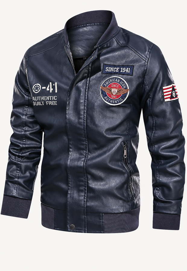Blouson bomber homme effet cuir col officier écussons brodés - Darian