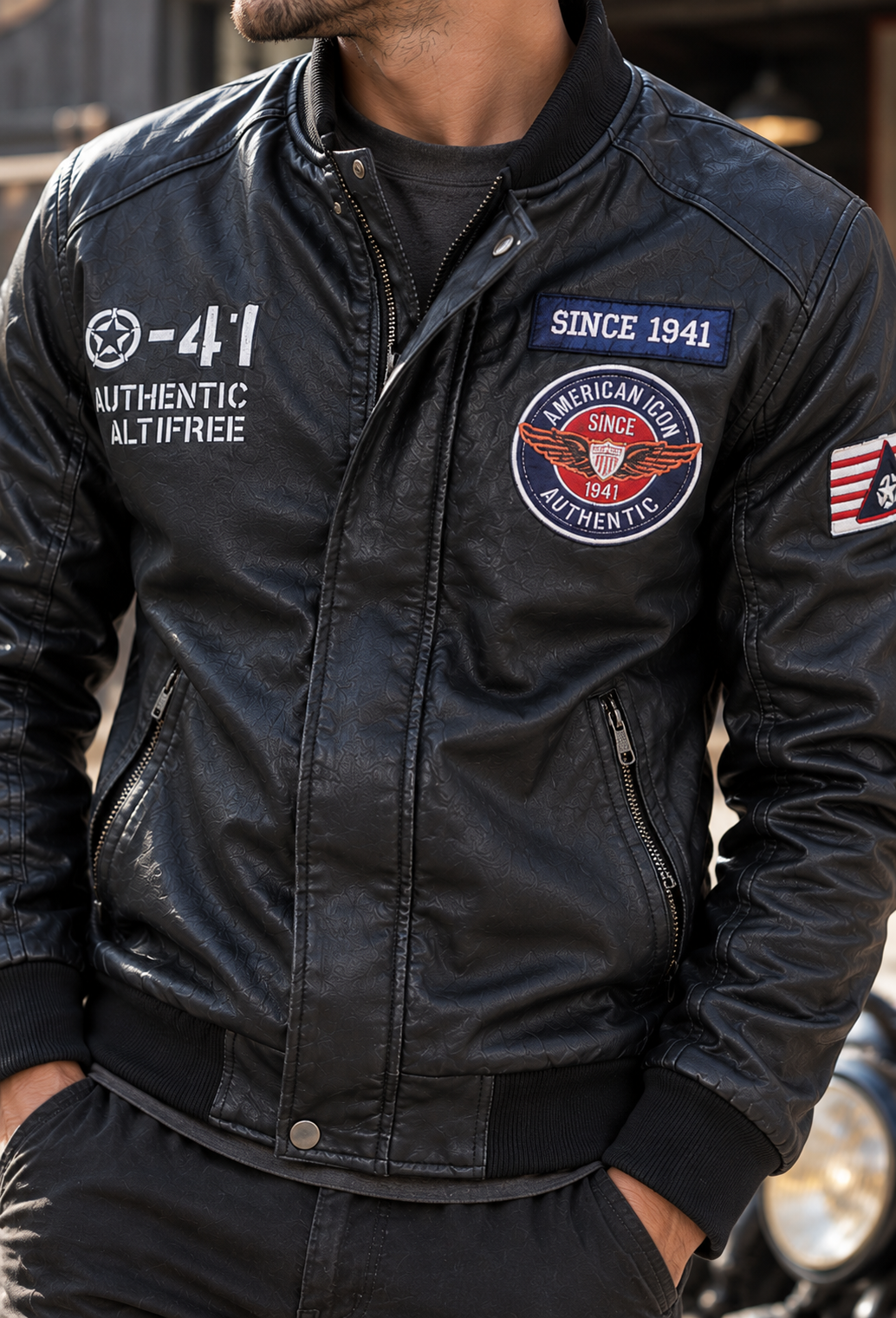 Blouson bomber homme effet cuir col officier écussons brodés - Darian
