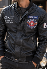 Blouson bomber homme effet cuir col officier écussons brodés - Darian