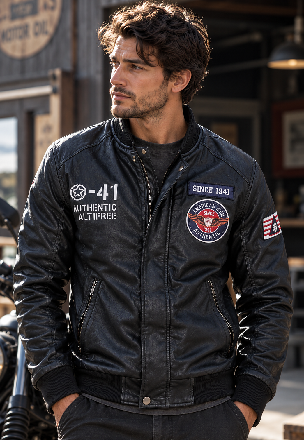 Blouson bomber homme effet cuir col officier écussons brodés - Darian
