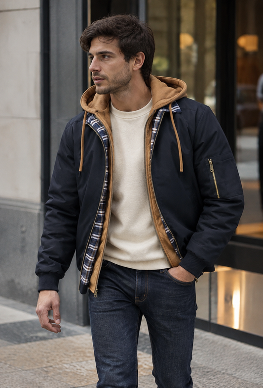 Blouson bomber matelassé homme style urbain capuche superposée - Damián
