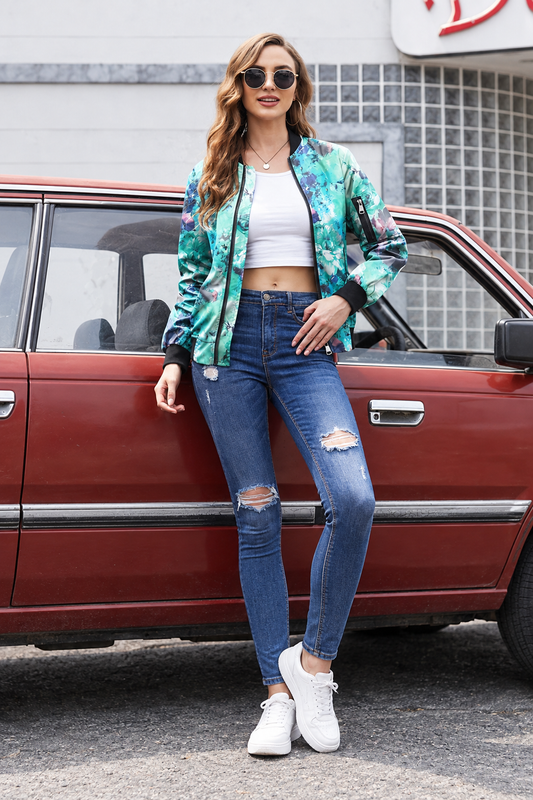 Damen-Bomberjacke mit Blumenmuster und Reißverschluss – Felicia