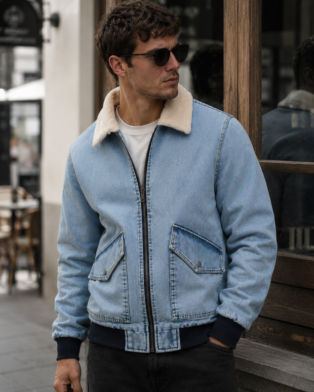 Veste bomber en jean avec doublure en polaire et fermeture éclair - Tobias