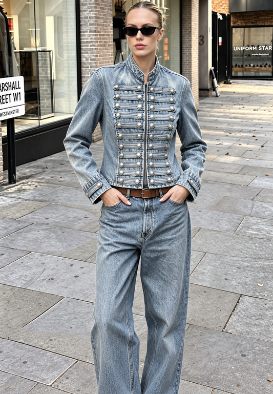 Damen-Jeansjacke mit Stehkragen und Metallknöpfen – Apolline