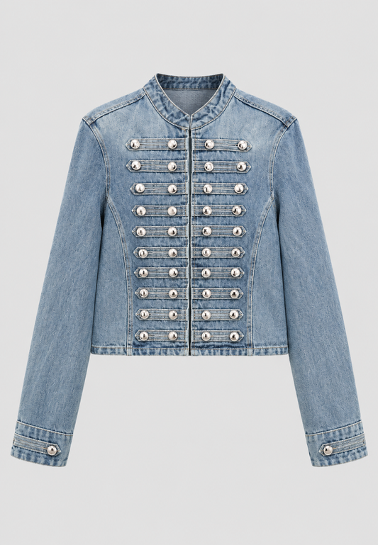 Veste en jean pour femme à col mao et boutons métalliques - Apolline
