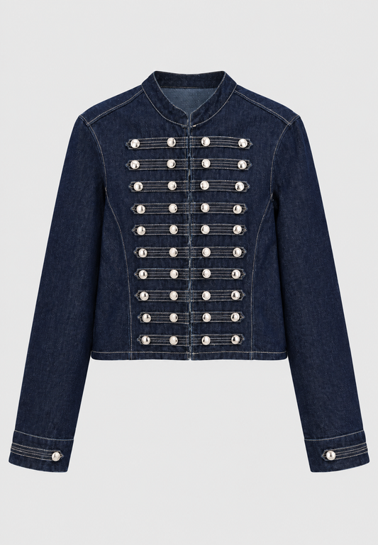 Veste en jean pour femme à col mao et boutons métalliques - Apolline