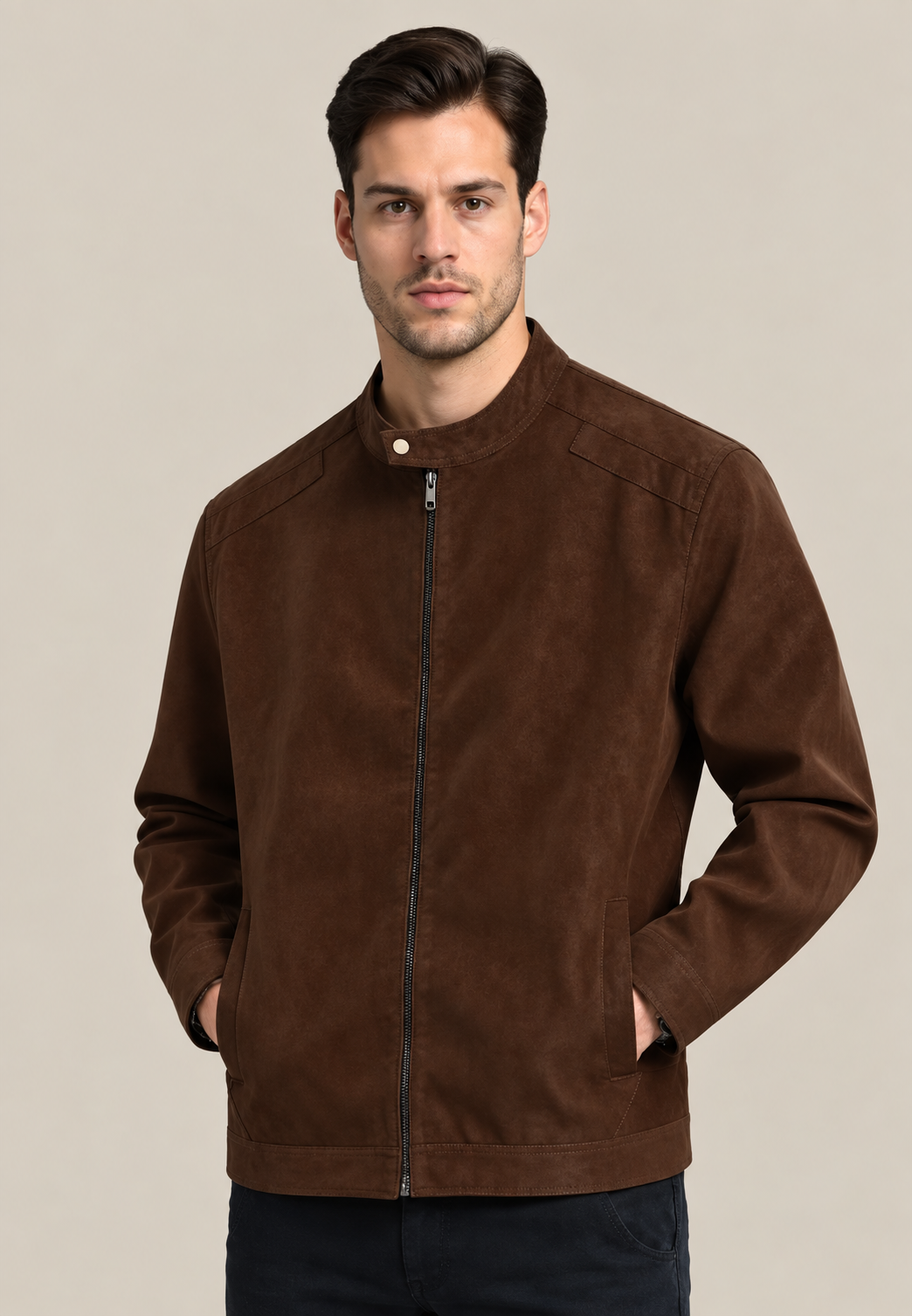 Herren-Jacke in Wildlederoptik mit hohem Kragen und Reißverschluss vorne – Mathis