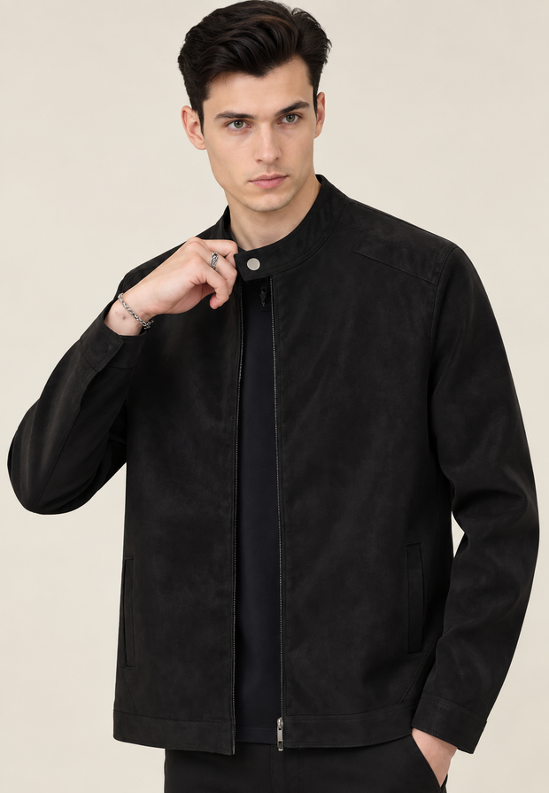 Herren-Jacke in Wildlederoptik mit hohem Kragen und Reißverschluss vorne – Mathis