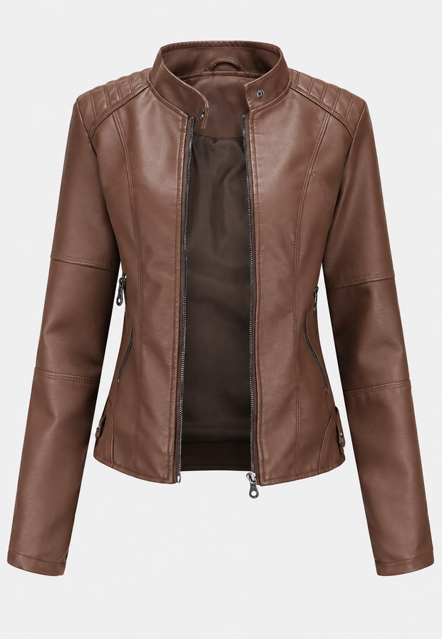 Damen-Jacke in Lederoptik mit Stehkragen, Taschen und Reißverschluss – Iseult