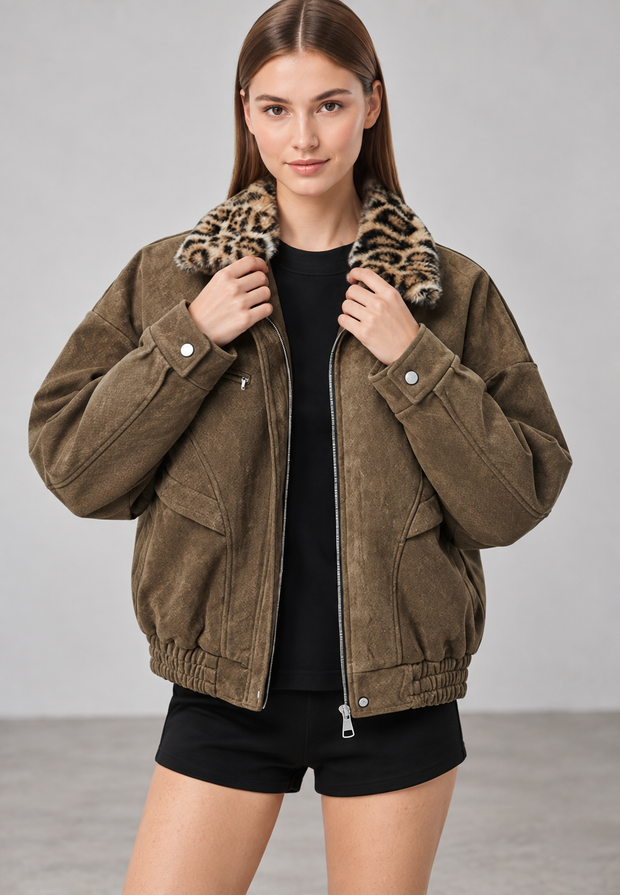 Veste femme effet daim, col effet fourrure, imprimé animalier - Sabela