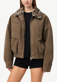 Veste femme effet daim, col effet fourrure, imprimé animalier - Sabela