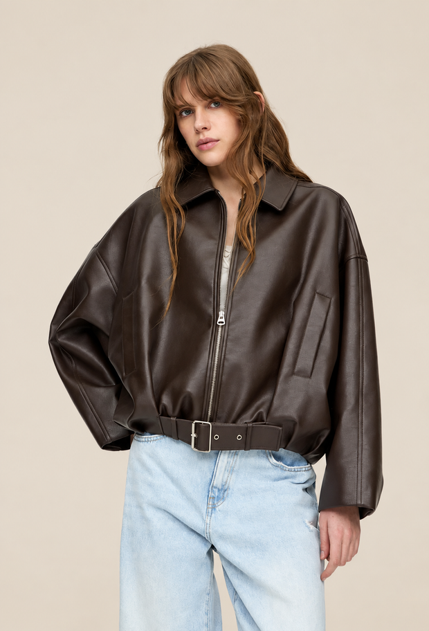 Blouson femme effet cuir avec ceinture à boucle - Ismérie