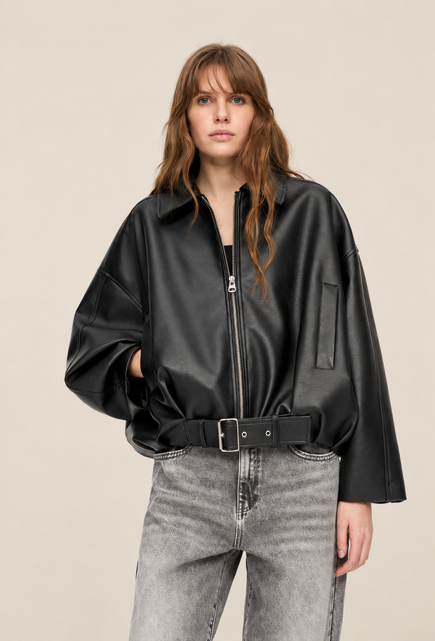 Blouson femme effet cuir avec ceinture à boucle - Ismérie