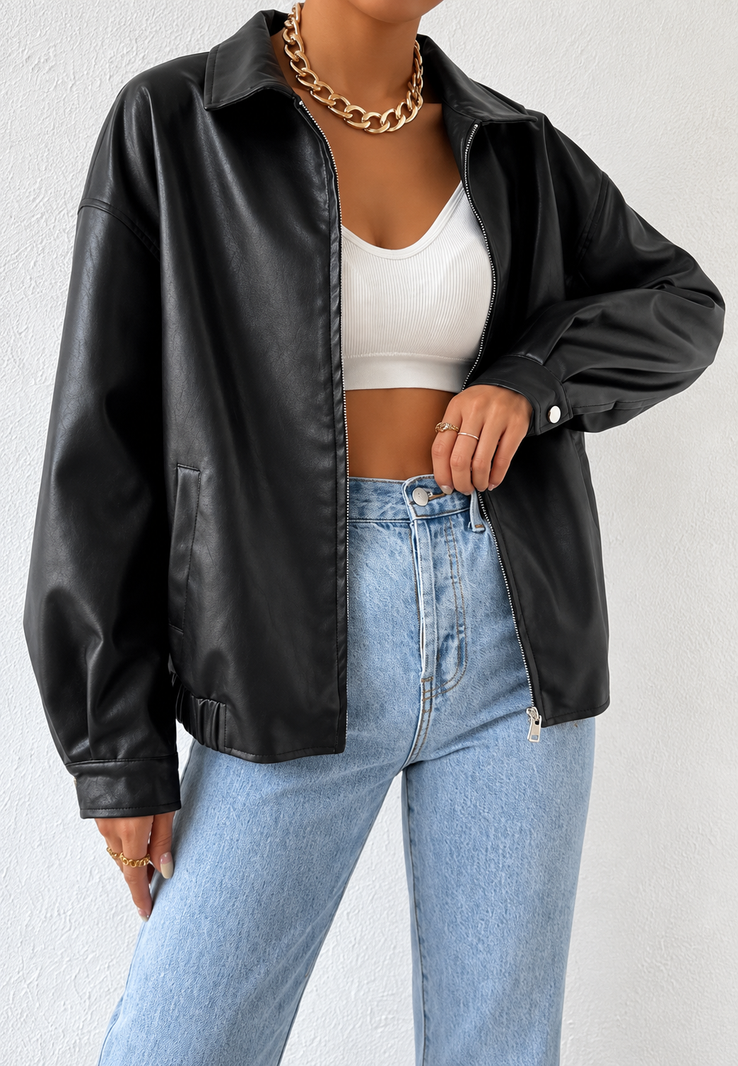 Veste femme effet cuir, fermeture éclair, col chemise - Aroa