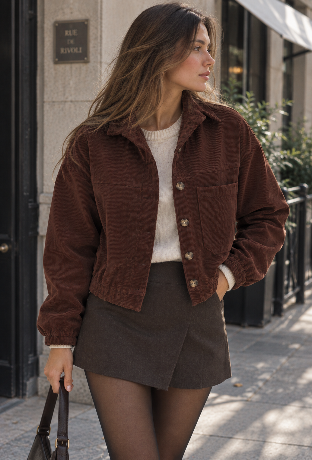Kurze Damen-Cordjacke mit Hemdkragen und aufgesetzten Taschen – Anouk